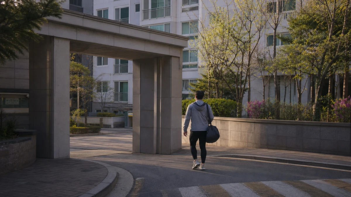 이른 아침 운동복 차림으로 아파트 단지 출입구를 나서는 사람