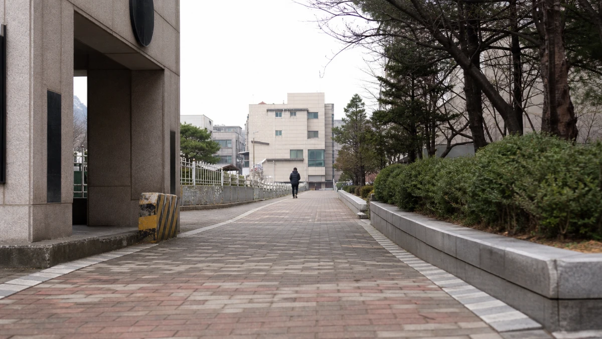 아파트 단지 정문에서 상가 건물로 이어지는 짧은 보행로
