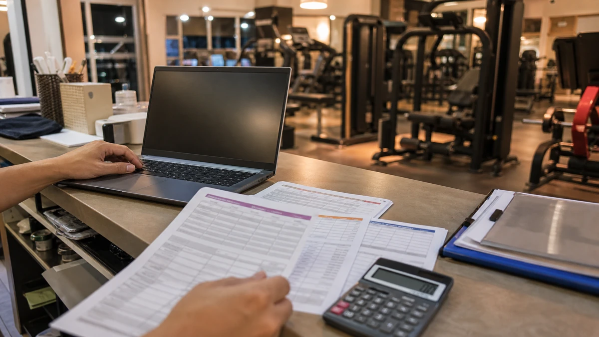 헬스장 프런트 데스크에 놓인 노트북의 단지 목록과 계산기