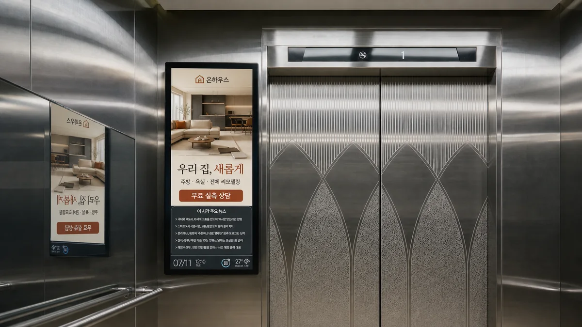인테리어 광고가 나오는 아파트 엘리베이터 화면