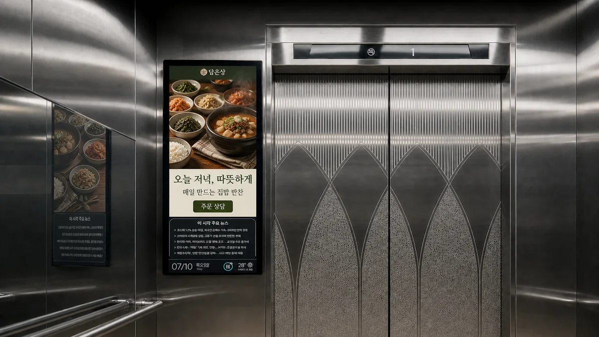반찬·간편식 매장 광고가 나오는 아파트 엘리베이터 화면