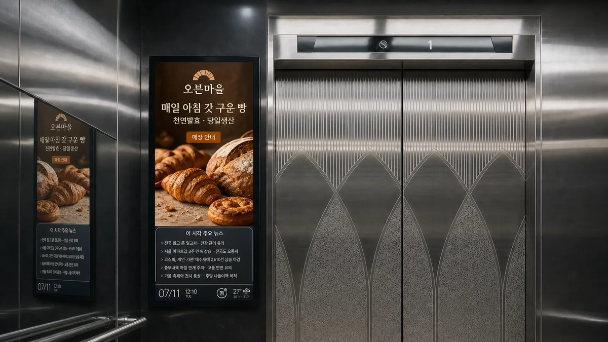 베이커리 광고가 나오는 아파트 엘리베이터 화면