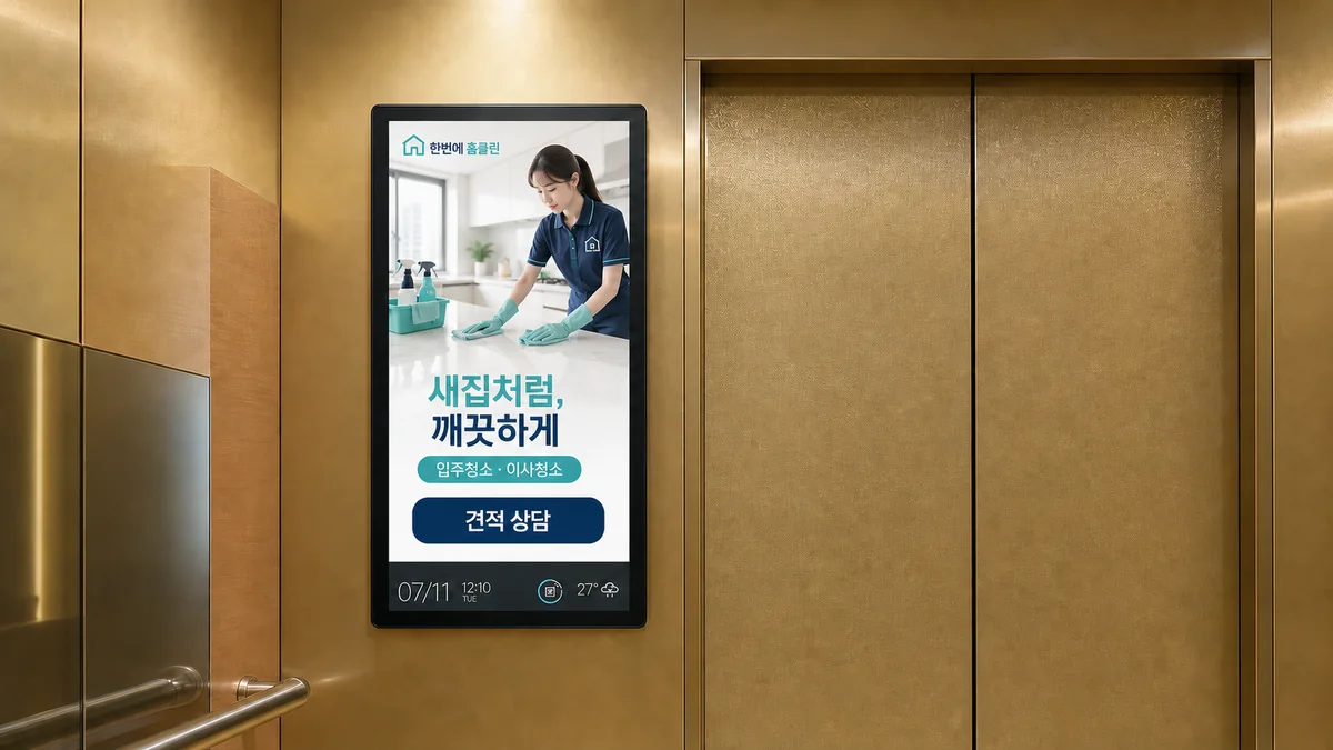 입주청소 광고가 나오는 아파트 엘리베이터 화면