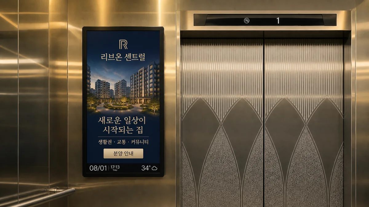 분양 광고가 나오는 아파트 엘리베이터 화면