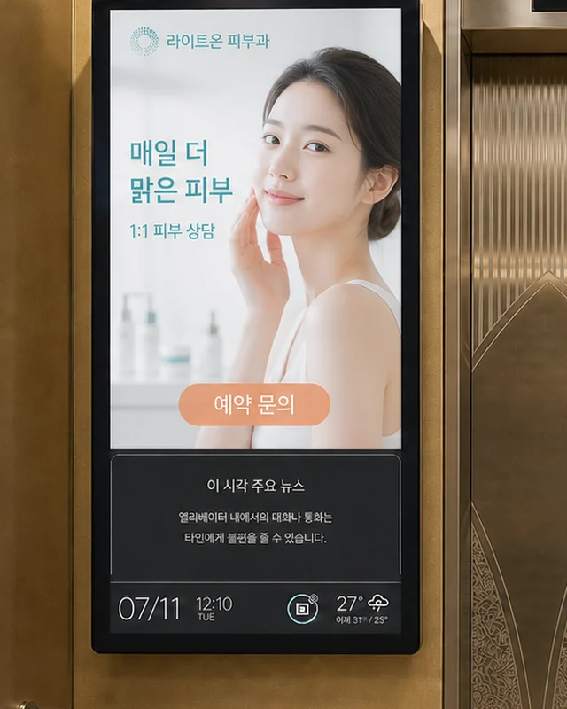 아파트 엘리베이터 벽면 세로형 모니터에 피부과 광고가 나오는 모습